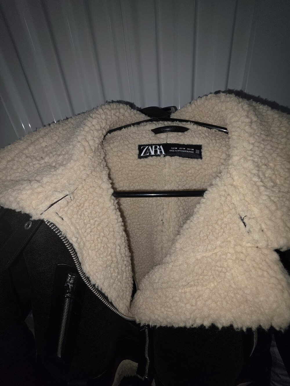 Zara Dark Brown Shearling-Trim Leather Aviator Jacket - Picture 7 of 8